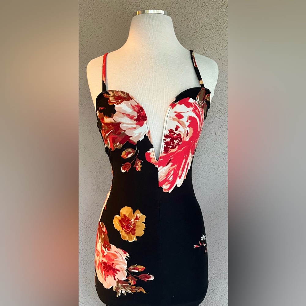 JLUXLABEL Black Floral Print Deep-V Neck Dress
